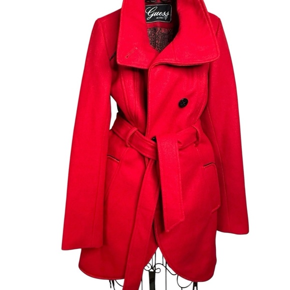 Vtg Y2K Guess Red Wool Blend Peacoat Jacket w/ Belt W Sz SM/M Winter Outerwear - Picture 3 of 16
